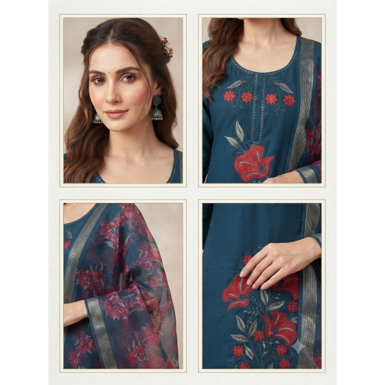 Elegant Mulchanderi Women's Blue Embroidered Kurta palazzo Dupatta set Dark Blue