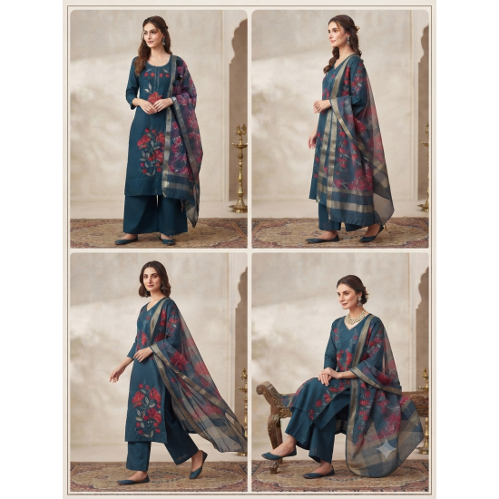 Elegant Mulchanderi Women's Blue Embroidered Kurta palazzo Dupatta set Dark Blue