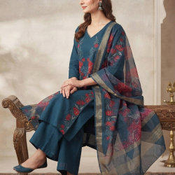 Elegant Mulchanderi Women's Blue Embroidered Kurta palazzo Dupatta set Dark Blue