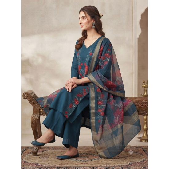 Elegant Mulchanderi Women's Blue Embroidered Kurta palazzo Dupatta set Dark Blue