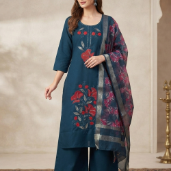 Elegant Mulchanderi Women's Blue Embroidered Kurta palazzo Dupatta set Dark Blue