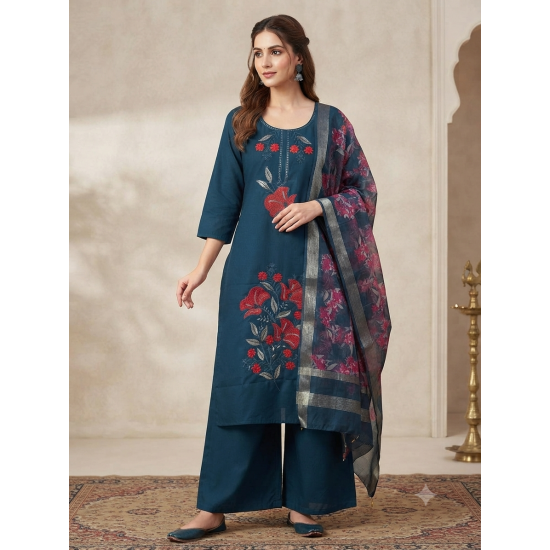 Elegant Mulchanderi Women's Blue Embroidered Kurta palazzo Dupatta set Dark Blue