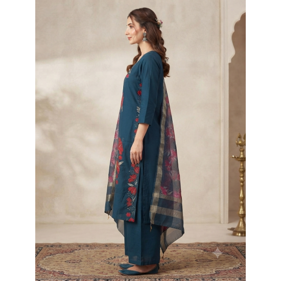 Elegant Mulchanderi Women's Blue Embroidered Kurta palazzo Dupatta set Dark Blue
