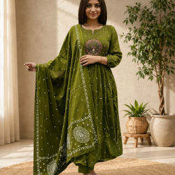 Latest Peacock bandhani print Designer suit set Green