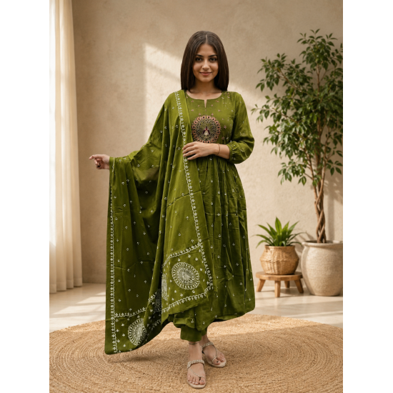 Latest Peacock bandhani print Designer suit set Green