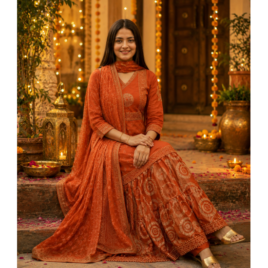 Beautiful New Anarkali dress/gown with pant & Beautiful Dupatta for festive  occasion Orange