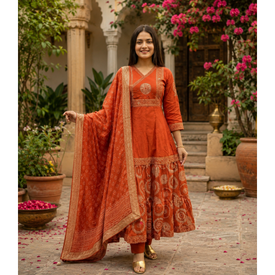 Beautiful New Anarkali dress/gown with pant & Beautiful Dupatta for festive  occasion Orange