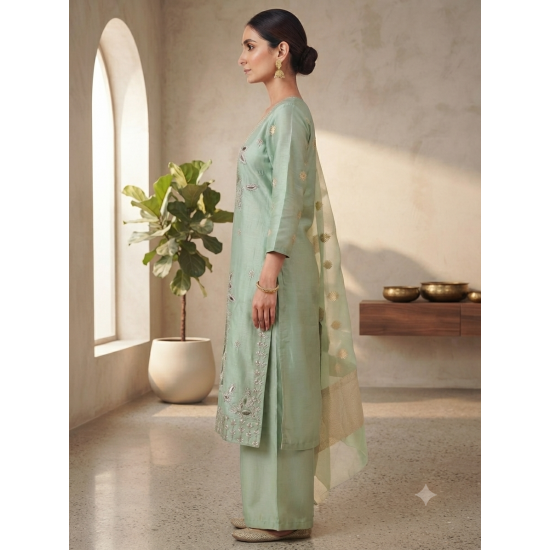 Roman silk blend pattern kurta with lining & paired with palazzo and a delicately embellished dupatta Pista