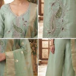 Roman silk blend pattern kurta with lining & paired with palazzo and a delicately embellished dupatta Pista
