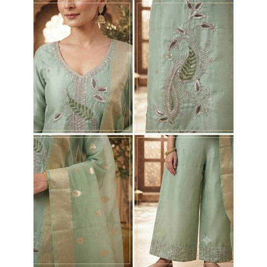Roman silk blend pattern kurta with lining & paired with palazzo and a delicately embellished dupatta Pista