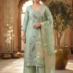 Roman silk blend pattern kurta with lining & paired with palazzo and a delicately embellished dupatta Pista