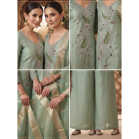 Roman silk blend pattern kurta with lining & paired with palazzo and a delicately embellished dupatta Pista