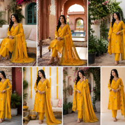 Enjoy Your Festival & wedding with Our Beautiful 3pc suit set with chiffon dupatta with beautiful design Yellow