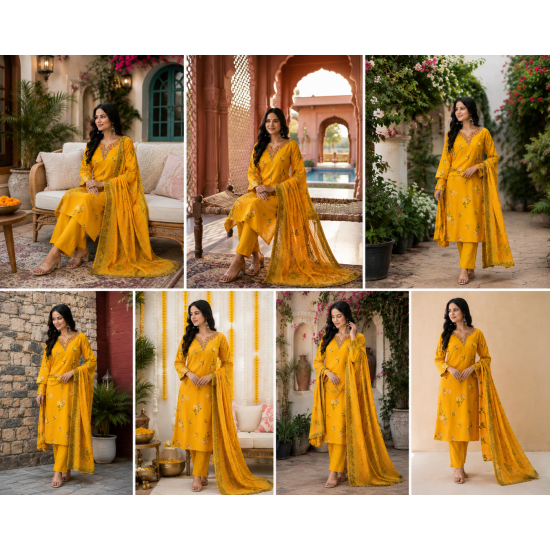 Enjoy Your Festival & wedding with Our Beautiful 3pc suit set with chiffon dupatta with beautiful design Yellow