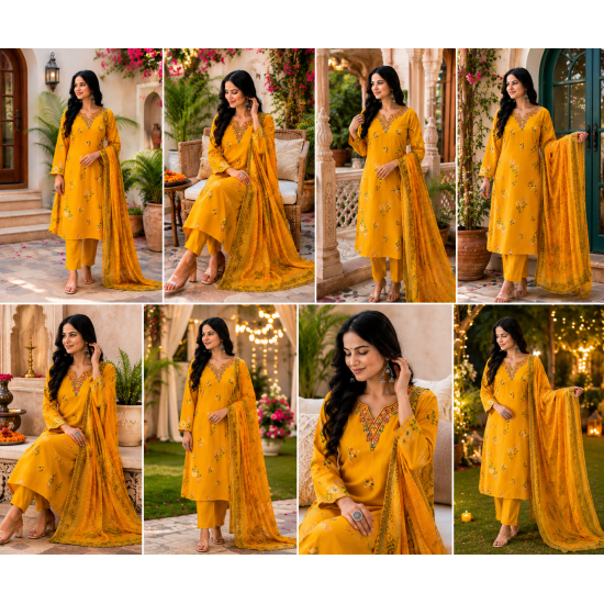 Enjoy Your Festival & wedding with Our Beautiful 3pc suit set with chiffon dupatta with beautiful design Yellow