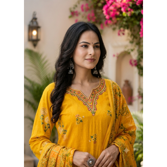 Enjoy Your Festival & wedding with Our Beautiful 3pc suit set with chiffon dupatta with beautiful design Yellow