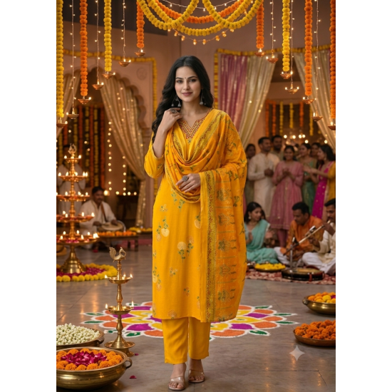 Enjoy Your Festival & wedding with Our Beautiful 3pc suit set with chiffon dupatta with beautiful design Yellow