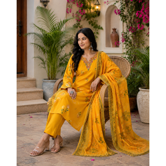 Enjoy Your Festival & wedding with Our Beautiful 3pc suit set with chiffon dupatta with beautiful design Yellow