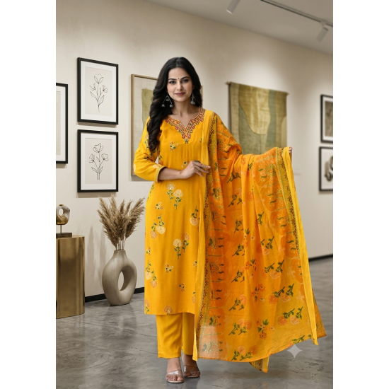 Enjoy Your Festival & wedding with Our Beautiful 3pc suit set with chiffon dupatta with beautiful design Yellow