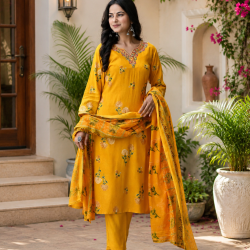 Enjoy Your Festival & wedding with Our Beautiful 3pc suit set with chiffon dupatta with beautiful design Yellow