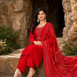 Festive/party wear Kurta & Trouser With Dupatta for Women Red