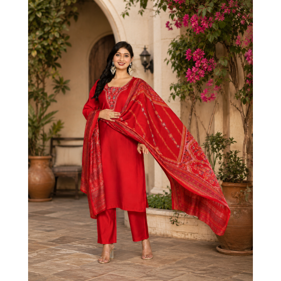 Festive/party wear Kurta & Trouser With Dupatta for Women Red