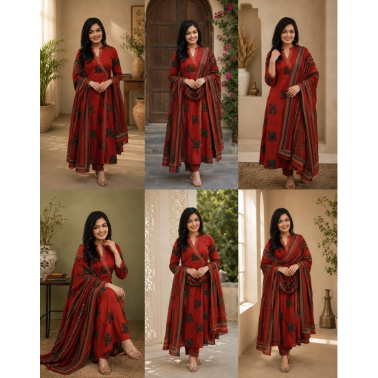 Frock style kurta with side Dori attached heavy tassel with pattern pant & dupatta Rust