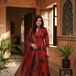 Frock style kurta with side Dori attached heavy tassel with pattern pant & dupatta Rust