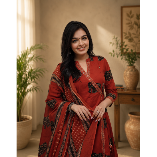 Frock style kurta with side Dori attached heavy tassel with pattern pant & dupatta Rust