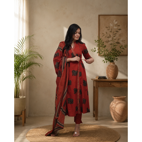 Frock style kurta with side Dori attached heavy tassel with pattern pant & dupatta Rust