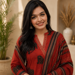 Frock style kurta with side Dori attached heavy tassel with pattern pant & dupatta Rust