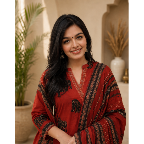Frock style kurta with side Dori attached heavy tassel with pattern pant & dupatta Rust