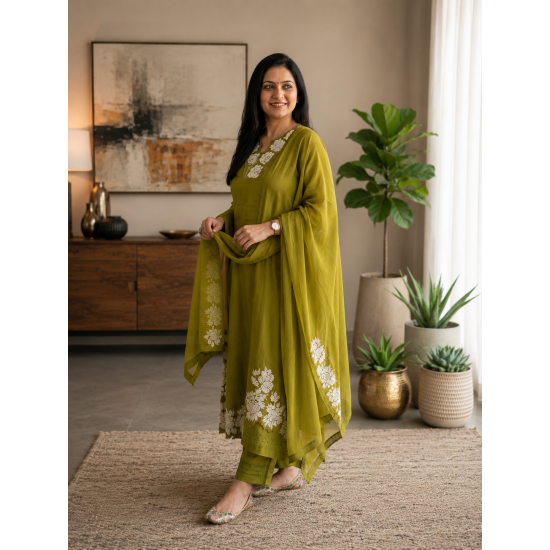 DESIGNER SUIT SET WITH EMBROIDERY WORK AND KODI LATKAN OLIVE GREEN