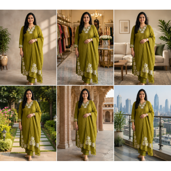 DESIGNER SUIT SET WITH EMBROIDERY WORK AND KODI LATKAN OLIVE GREEN