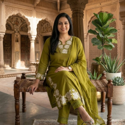 DESIGNER SUIT SET WITH EMBROIDERY WORK AND KODI LATKAN OLIVE GREEN