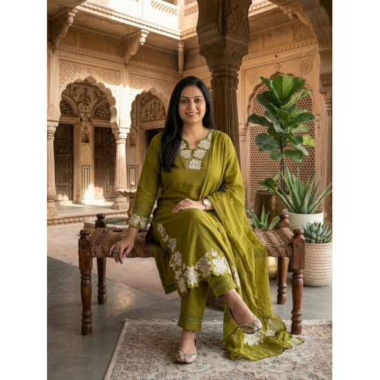DESIGNER SUIT SET WITH EMBROIDERY WORK AND KODI LATKAN OLIVE GREEN