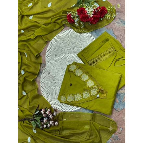 DESIGNER SUIT SET WITH EMBROIDERY WORK AND KODI LATKAN OLIVE GREEN