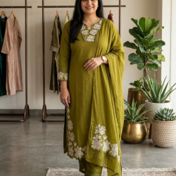 DESIGNER SUIT SET WITH EMBROIDERY WORK AND KODI LATKAN OLIVE GREEN