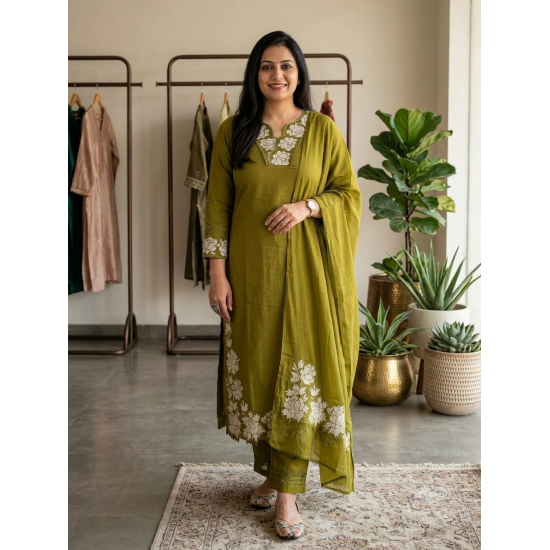 DESIGNER SUIT SET WITH EMBROIDERY WORK AND KODI LATKAN OLIVE GREEN