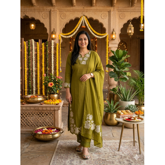 DESIGNER SUIT SET WITH EMBROIDERY WORK AND KODI LATKAN OLIVE GREEN