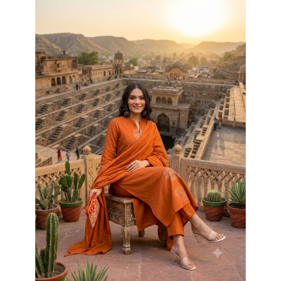 Abstract cotton 3 Piece set for work & casual wear floral on kurta & slit with highlights and beautiful placed dupatta Rust