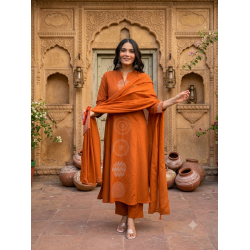 Abstract cotton 3 Piece set for work & casual wear floral on kurta & slit with highlights and beautiful placed dupatta Rust