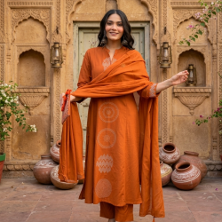Abstract cotton 3 Piece set for work & casual wear floral on kurta & slit with highlights and beautiful placed dupatta Rust