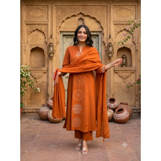 Abstract cotton 3 Piece set for work & casual wear floral on kurta & slit with highlights and beautiful placed dupatta Rust