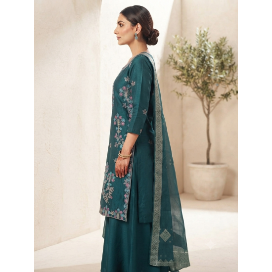 Heavy beads work Roman silk With glossy finish  & premium look color Teal