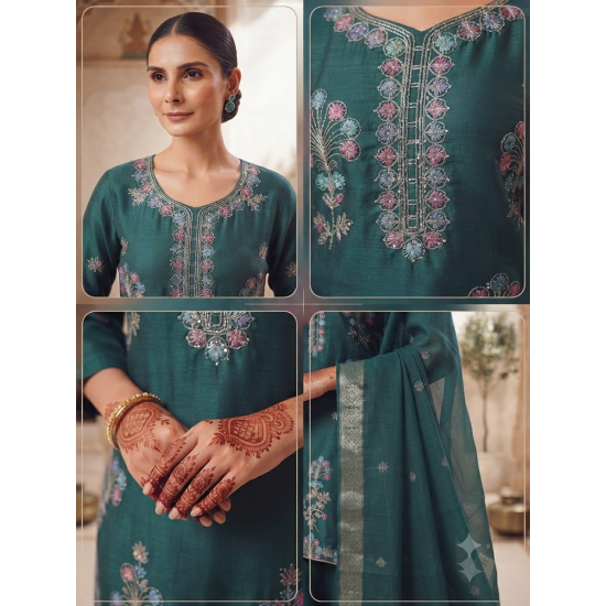 Heavy beads work Roman silk With glossy finish  & premium look color Teal