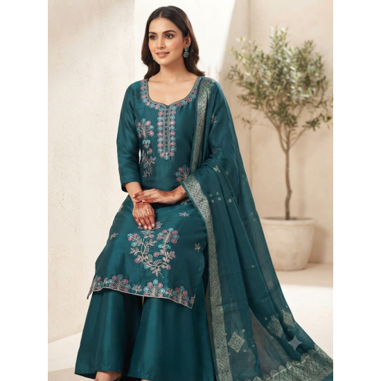 Heavy beads work Roman silk With glossy finish  & premium look color Teal