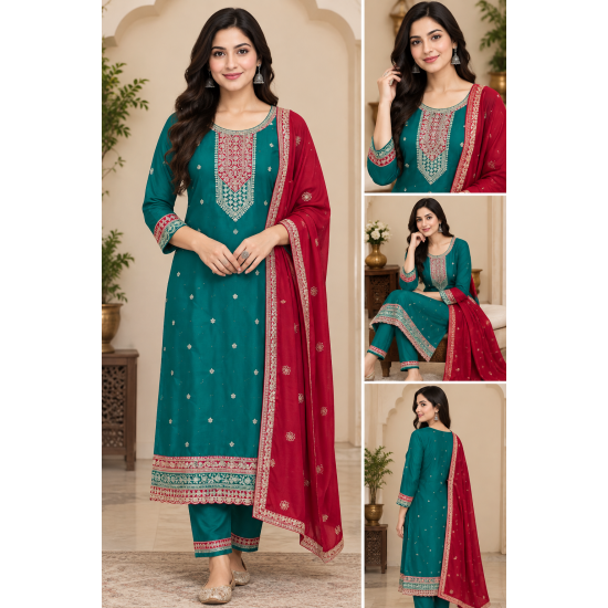 Femy Trend ethnic collection with this elegant Women Embroidered Kurta Pant with Dupatta Set Green Color