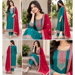Femy Trend ethnic collection with this elegant Women Embroidered Kurta Pant with Dupatta Set Green Color