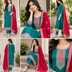 Femy Trend ethnic collection with this elegant Women Embroidered Kurta Pant with Dupatta Set Green Color